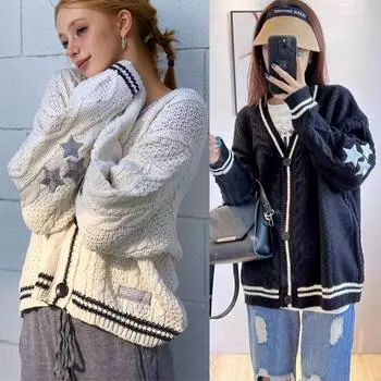 Винтажный вязаный кардиган с вышитыми звездами для женщин, осень-зима, модное пальто с V-образным вырезом и длинными рукавами, женский свободный свитер в стиле ретро 2019 года S белый