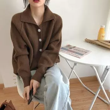 Винтажный вязаный кардиган, женский корейский модный свитер большого размера, элегантный свободный повседневный универсальный топ с длинными рукавами, куртка S кофейный