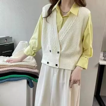 Винтажный вязаный кардиган, жилет для женщин, осенний и осенний дизайн, двубортный свитер без рукавов, милый жилет, женский One Size чёрный