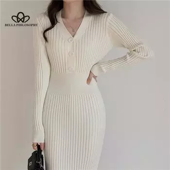 Винтажный вязаный свитер, платья с длинными рукавами, женские тонкие корейские элегантные платья-свитеры на пуговицах с v-образным вырезом S чёрный