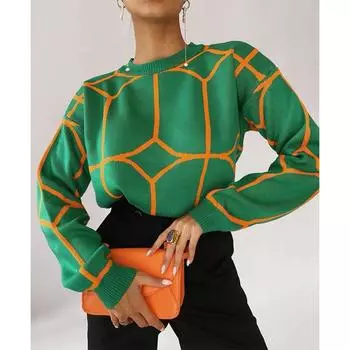 Винтажный вязаный свитер с зеленой линией и принтом, женский повседневный пуловер с длинным рукавом и круглым вырезом, осенне-зимние джемперы, российские модные топы S зелёный