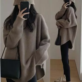 Винтажный вязаный свитер свитер женский осенне-зимняя верхняя одежда средней длины с открытой баской One Size чёрный