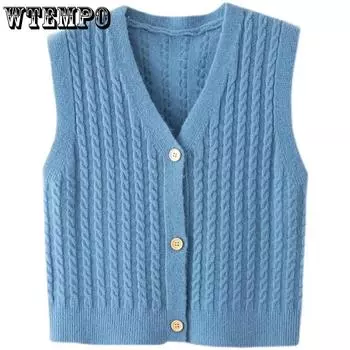 Винтажный вязаный жилет из жареного теста для женщин на весну и осень, корейская версия, свободная верхняя одежда, свитер без рукавов, жилет S синий