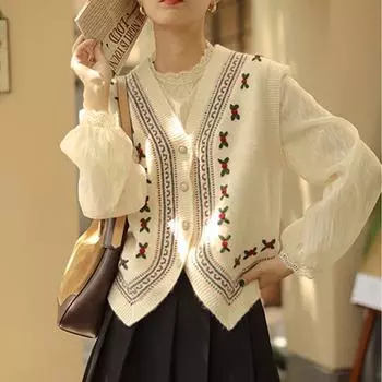 Винтажный вязаный жилет с v-образным вырезом и вышивкой, женский осенний свитер без рукавов, кардиган, жилет, вязаный топ one size слоновая кость