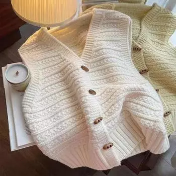 Винтажный вязаный жилет с жареным тестом, осенне-зимний новый японский свитер без рукавов, жилет One Size белый