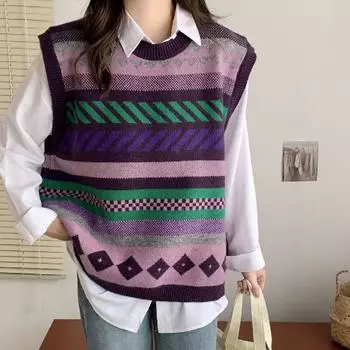 Винтажный вязаный жилет в клетку с бриллиантами и круглым вырезом, женский жилет, джемпер, топы для женщин One size фиолетовый