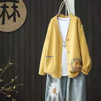 Винтажный вышитый кардиган с V-образным вырезом, женский свободный трикотажный жакет, однобортный джемпер с пряжкой, Harajuku, езда на работу, весна и осень S розовый