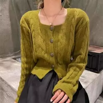 Винтажный высококачественный квадратный вырез толстый свитер Fried Dough Twists женский осень-зима свободный нишевый кардиган короткий трикотажный тренд one size белый