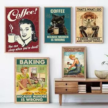 Винтажный забавный кот, кофе, холст, картина, лиса, пьющая кофе, постер с принтом, фотографии для садовой девушки, бар, клуб, кафе, настенная ферма, художественный декор 21x30cm No Framed