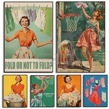 Винтажный забавный постер ко Дню стирки Ретро-домохозяйка Забавные принты Картина на холсте Настенные художественные картины Украшения для дома и ванной комнаты 21x30cm No Framed