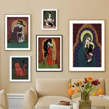 Винтажный Забавный постер «Святая мать кошек» с абстрактным животным, художественный принт, холст, картина, ведьма, настенная картина для гостиной, домашний декор 21x30cm No Framed красный