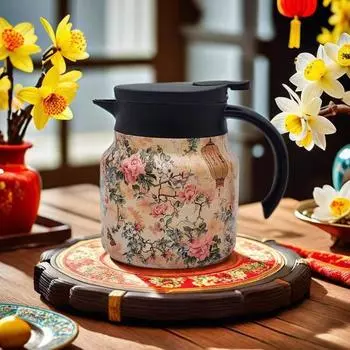 Винтажный заварочный чайник с цветочным узором и встроенным фильтром, V-образным носиком, заварочный чайник с защитой от проливания, легко наливаемый кофеварка для горячих напитков 800ML Plastic handle розовый