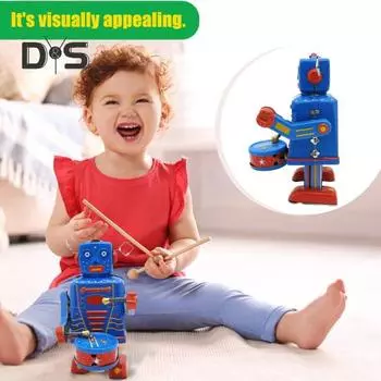 Винтажный заводной робот-барабанщик, ностальгическая весенняя заводная жестяная игрушка-робот, коллекционная фигурка, настольное украшение, подарок для мальчиков и девочек синий