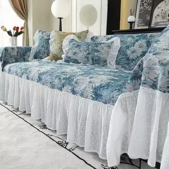 Винтажный жаккардовый чехол для дивана высокой плотности, ткань для всесезонного универсального чехла для дивана с оборками и краями, цельное пылезащитное полотенце для дивана 180x130cm синий