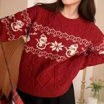 Винтажный жаккардовый свитер с круглым вырезом Fair Island Christmas Atmosphere для женщин, осень-зима 2024, новый свободный теплый S тёмно-синий