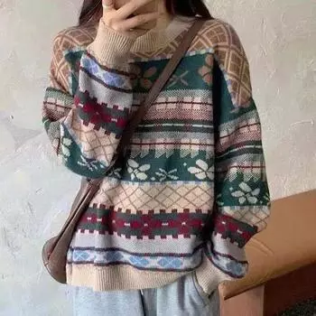 Винтажный жаккардовый свитер женский осенне-зимний дизайн Feeling Lazy Style круглый вырез рукав длинный рукав женский свободный внешний вид One size