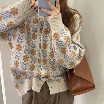 Винтажный жаккардовый вязаный кардиган, женское толстое теплое пальто с длинными рукавами, однобортный трикотаж, повседневный свободный нежный милый топ для поездок на работу на осень-зиму one size абрикосовый