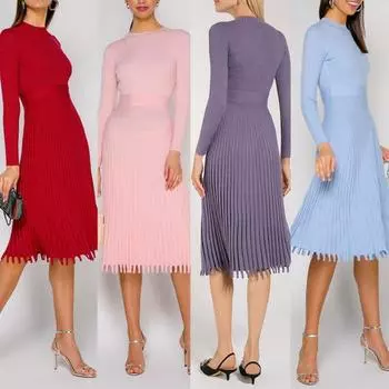 Винтажный женский длинный рукав с круглым вырезом и талией, обтягивающий трикотажный плиссированный свитер миди L королевский синий