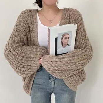 Винтажный женский кардиган с рукавами-фонариками в стиле Харадзюку, повседневный корейский уличный стиль, топы, пальто, шикарный свитер для ленивого ветра 3XL чёрный