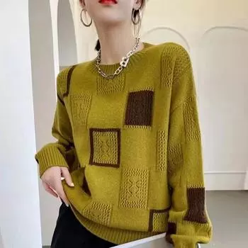 Винтажный женский клетчатый свитер с цветными блоками, осень/зима, свободный свитер с круглым вырезом, пуловер, трикотажный топ, джемпер S жёлтый