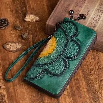 Винтажный женский кошелек из натуральной кожи, бумажник ручной работы с тиснением, держатель для карт, кошелек из натуральной яловой кожи коричневый