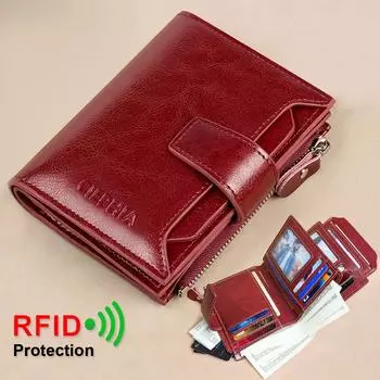 Винтажный женский кошелек из натуральной кожи с блокировкой RFID, короткий многофункциональный кошелек большой емкости на молнии, зажим для денег B чёрный