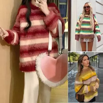 Винтажный женский красочный полосатый мохеровый свитер, свободный контрастный О-образный вырез, длинный рукав, пуловеры 2024 года, повседневная уличная одежда для женщин One Size красный