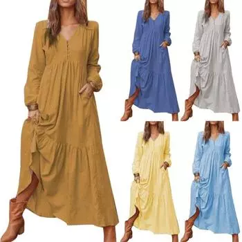 Винтажный женский осенний V-образный вырез с длинным рукавом и большими карманами из хлопка макси XXL светло-серый