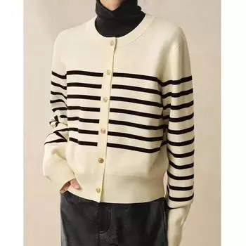 Винтажный женский полосатый вязаный кардиган свитер осень новый повседневный зимний длинный рукав элегантные кардиганы круглый вырез простой теплый трикотажный свитер 24832 One Size белый