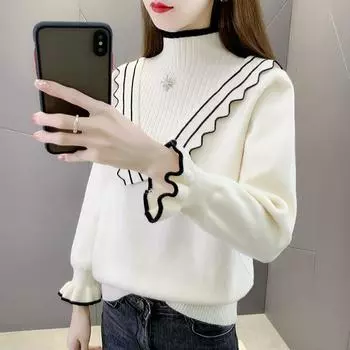 Винтажный женский полуводолазный свитер, теплый осенне-зимний свитер с длинным рукавом, трикотажный джемпер с оборками S зелёный