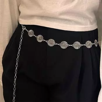 Винтажный женский поясной ремень с металлической цепочкой в виде подсолнуха, пояс-цепочка с кисточками для девочек, платье, джинсы, декоративный пояс, украшения для тела серебряный