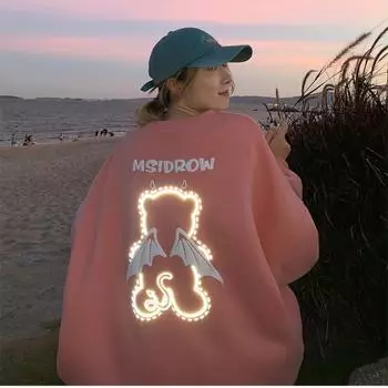 Винтажный женский свободный свитшот со светоотражающим медведем, корейская уличная одежда, зимний повседневный пуловер большого размера в стиле Харадзюку для женщин, милые топы M розовый