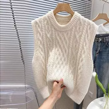 Винтажный жилет без рукавов с жареным тестом, женский свитер на весну и осень, свободный вязаный женский пуловер с круглым вырезом