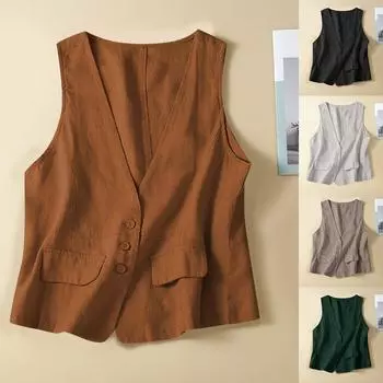 Винтажный жилет, летний однотонный однотонный жилет без рукавов с глубоким v-образным вырезом, хлопково-льняная тонкая верхняя одежда, жилет, пальто L чёрный