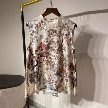 Винтажный жилет с принтом, шелковые топы из шелковицы, повседневная свободная одежда без рукавов с круглым воротником, летняя майка, женские жилеты, топы 26745 S цветочные печати