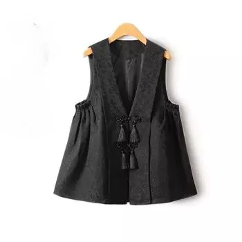 Винтажный жилет с V-образным вырезом и узорами в китайском стиле и жаккардовый жакет S чёрный