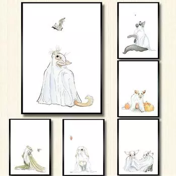 Винтажный жуткий призрак кот летучая мышь принт Хэллоуин настенная живопись холст картина опоссум плакат с изображением животных настенная картина гостиная домашний декор 21x30cm No Framed