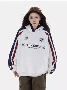 Винтажный значок хип-хопа с принтом букв в стиле пэчворк контрастные толстовки женские повседневные свободные толстовки для колледжа пара M светло-серый