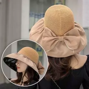 Vinyl Bow Fisherman Hat Women s Summer K-style Hollow Cap UV Big Brim Sun-Proof Sun Protection Hat Tide Khaki [storage Money]