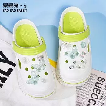 Violent Rabbit Girls Cute Hole Shoes 2024 Summer New Arrival Beach Closed-Toe Slippers Outwear Thick Sole High Elastic Sandals White Green(Jewelry random) 35-36