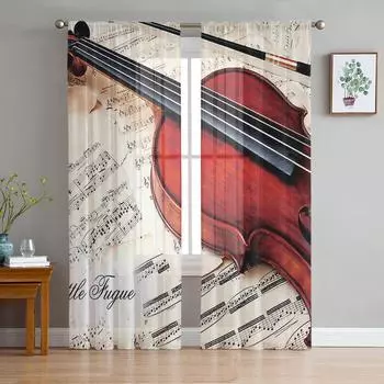 Violin On Sheet Music Chiffon Sheer Curtains for Living Room Bedroom Home Decoration Window Voile Tulle Curtain Drapes W135 x H114cm