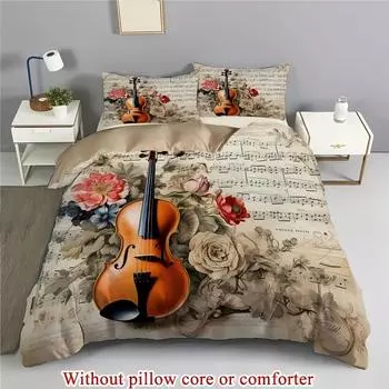 Violin Score Rose 3D Printed Bedding Set Pillowcase Classical Music Art Retro Style Quilt Cover Home Textiles Duvet Cover Set EU single(135x200cm)
