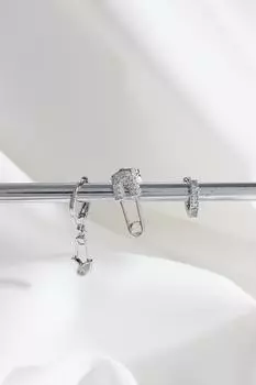 Vip Collection, 3-х предметные серьги-кольца с цирконом и камнем, модель серебряного цвета