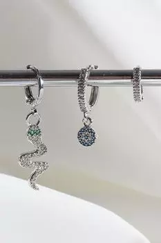 Vip Collection, трехсекционные серьги серебряного цвета со змеей/сглазом