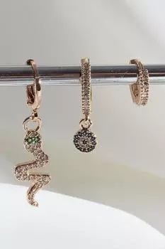 Vip Collection, трехсекционные серьги золотого цвета со змеей/сглазом