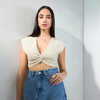 Virgio Women Crop Длина Cap Regular Fit Fit V-образный вырез Top S экрю