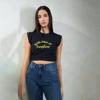 Virgio Women Crop Длина Удлиненный Regular Fit Круглый Топ M чёрный