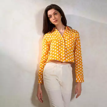 Virgio Women Crop Length Cuff Boxy Fit Shirt Collar Shirt S жёлтый