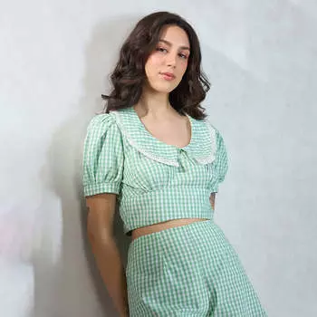 Virgio Women Crop Length Puff Regular Fit Round Top M зелёный