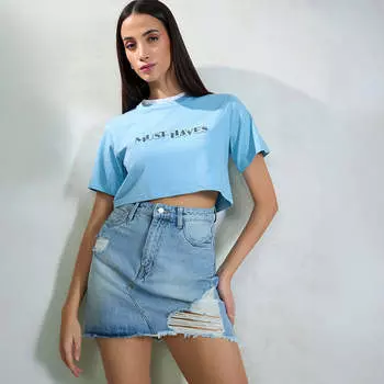 Virgio Women Crop Length Regular Boxy Fit Round Top M синий